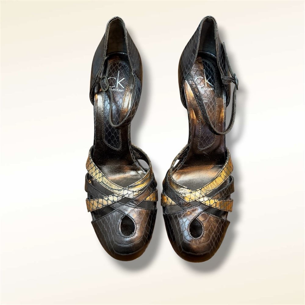Calvin Klein Brown Textured Leather High Heel Mary Jane with Gold Accent - Picture 3 of 6